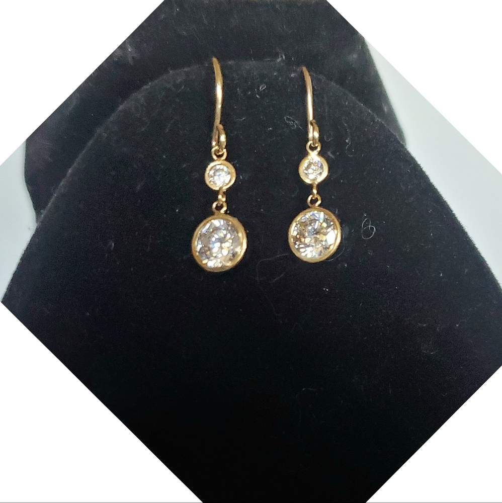 14k Solid Yellow Gold Dangle Double Drop Zirconia… - image 6